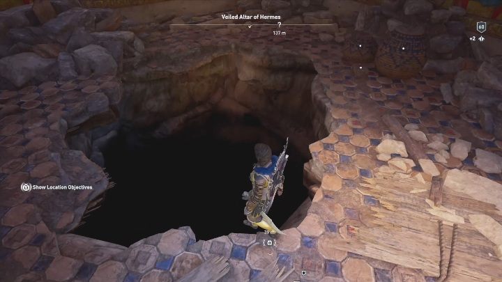 Wewnątrz budynku znajduje się rozbita dziura, wskocz do środka tak, aby spaść na sam dół góry - Zamaskowany Ołtarz Hermesa - Ślady Hermesa w DLC Lost Atlantydy - Assassins Creed Odyssey - poradnik do gry