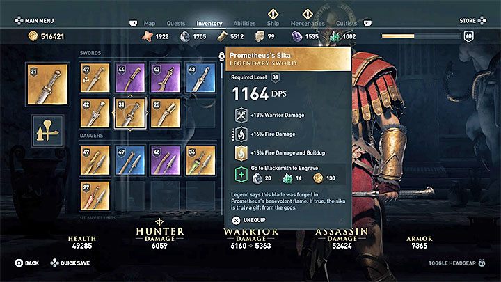 Inna dobra broń dla buildu wojownika to Sica Prometeusza (Prometheuss Sika) - Build wojownika - dobry build w Assassins Creed Odyssey - Assassins Creed Odyssey - poradnik do gry