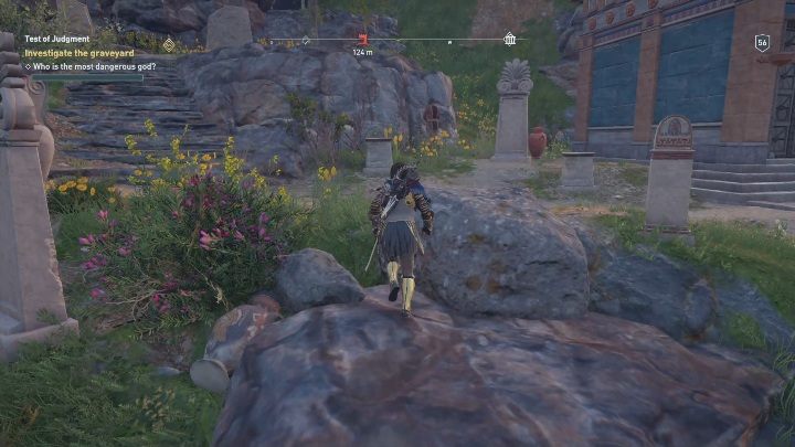 Na cmentarzu przyjrzyj się nagrobkom oraz darom, które bogowie dostają od ludzi - Boska interwencja - Solucja Assassins Creed Odyssey - Assassins Creed Odyssey - poradnik do gry