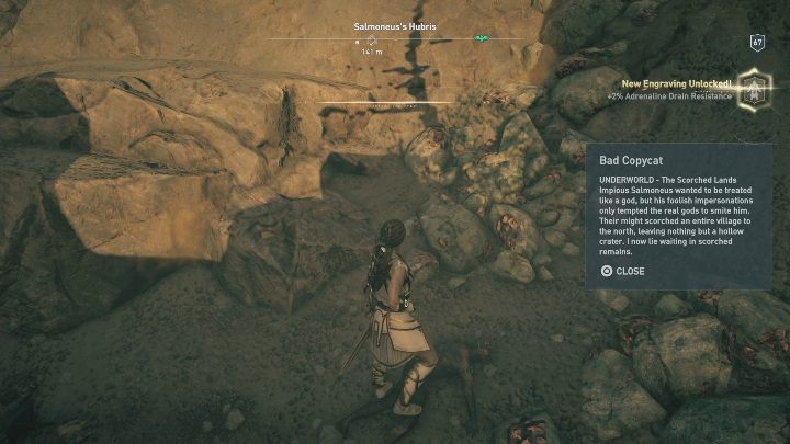 Rozwiązanie zagadki enigmatycznego Ostrakonu: Rozwiązanie zagadki znajdziesz w ciele spalonego mężczyzny, zaraz obok Salmoneuss Hubris/Pychy Salmoneusa - Cierpienia Hadesu | Enigmatyczne ostrakony | Los Atlantydy DLC - Assassins Creed Odyssey - poradnik do gry