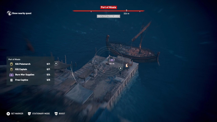 Tym razem musisz odwiedzić doki Nisai, odszukać cztery skrzynki z wyposażeniem i je spalić - Polowanie na wilka - Solucja gry Assassins Creed Odyssey - Assassins Creed Odyssey - poradnik do gry