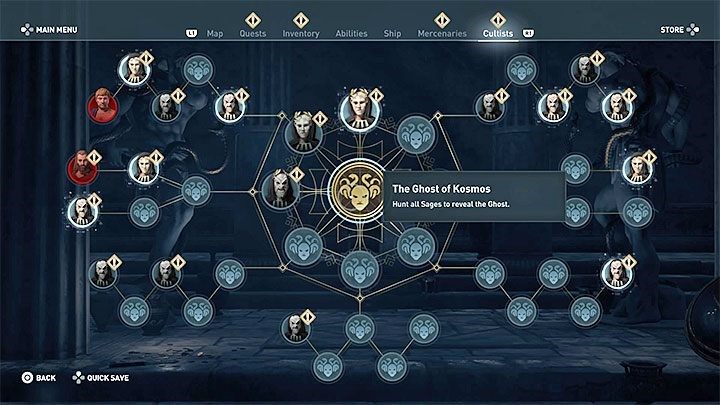Drzewko (diagram) Czcicieli Kosmosa pokazuje kilkadziesiąt osób, które są członkami kultu - AC Odyssey: Czciciele Kosmosa - lista, podstawy - Assassins Creed Odyssey - poradnik do gry