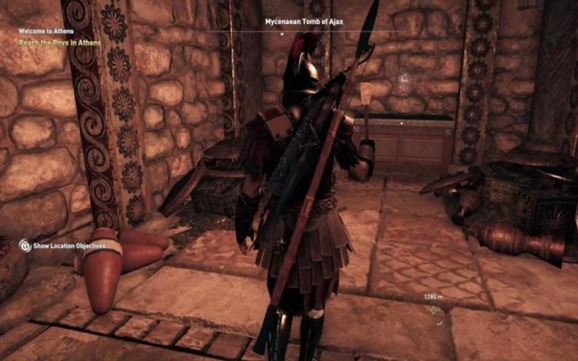 Wróć do korytarza, biegnij w drugą stronę - dotrzesz do pomieszczenia z trzema szczelinami - Grobowce w Attyka - Assassins Creed Odyssey - poradnik do gry