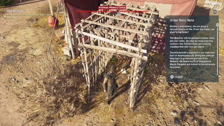 Solucja: Na początku misji musisz zdobyć Order Relic znajdujący się w obozie wroga - Zadania poboczne Epizod 1 Dziedzictwo pierwszego ostrza DLC - Assassins Creed Odyssey - poradnik do gry