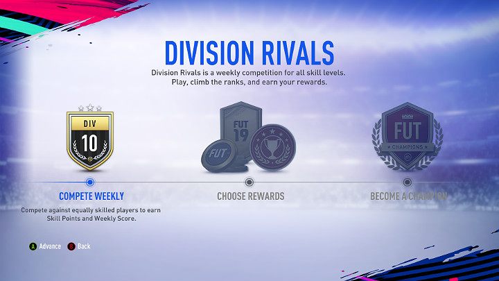 Jeśli udało Ci się stworzyć pierwszą złotą jedenastkę i jesteś gotów na prawdziwe wyzwanie to przyszła pora na zmierzenie się z prawdziwymi przeciwnikami w trybie Divion Rivals, czyli cotygodniowych turniejach - Pierwsze kroki w FUT | FIFA 19 - FIFA 19 - poradnik do gry