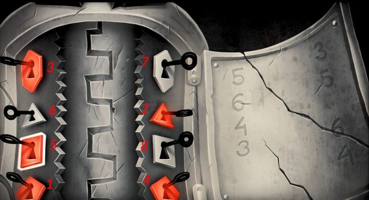 Kod do tej zagadki: lewy dolny pięciokąt, prawy trójkąt, lewy górny sześciokąt, prawy dolny pięciokąt, lewy kwadrat, lewy trójkąt, prawy górny sześciokąt, prawy kwadrat. - Rozdział 8 - Zmiany, zmiany, zmiany - Solucja My Memory of Us - My Memory of Us - poradnik do gry