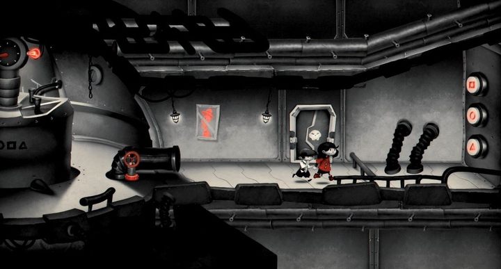 Tutaj musisz zestrzelić z procy symbole w kolejności przedstawionej na komorze na środku korytarza: kwadrat, koło, kwadrat, trójkąt. - Rozdział 11 - W paszczy lwa - Solucja My Memory of Us - My Memory of Us - poradnik do gry