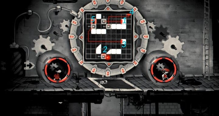 Zagadka polega na doprowadzeniu piłeczki w miejsce oznaczone otwartym czerwonym kwadratem. - Rozdział 17 - Rodzice, wanna i wielka ryba - Solucja My Memory of Us - My Memory of Us - poradnik do gry