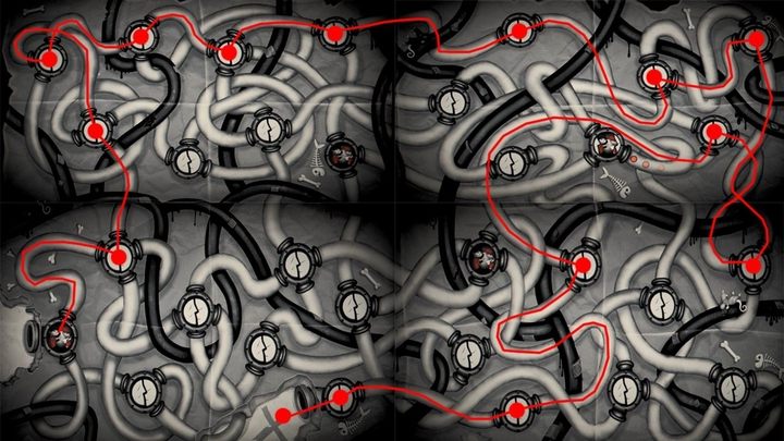 Schemat przedstawia drogę dojścia do celu (krzyżyk na końcu drogi). - Rozdział 17 - Rodzice, wanna i wielka ryba - Solucja My Memory of Us - My Memory of Us - poradnik do gry