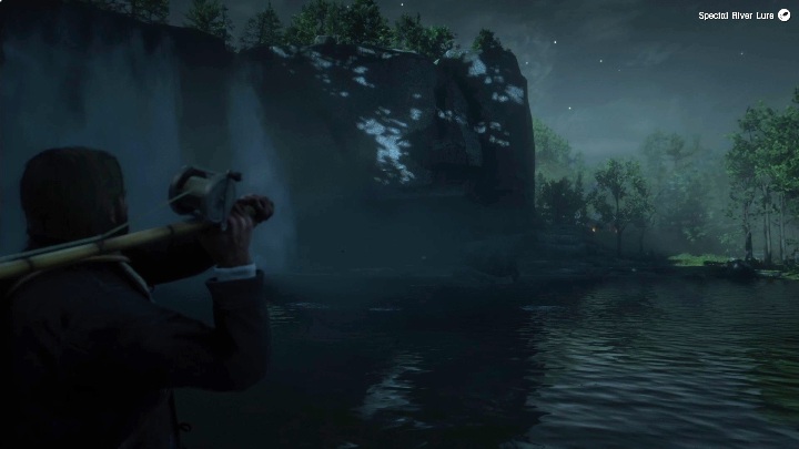 Najlepszym miejscem do zarzucenia wędki będzie kawałek skały znajdujący się w wodzie - Red Dead Redemption 2: Legendarny Pstrąg Tęczowy - mapy, porady - Red Dead Redemption 2 - poradnik do gry