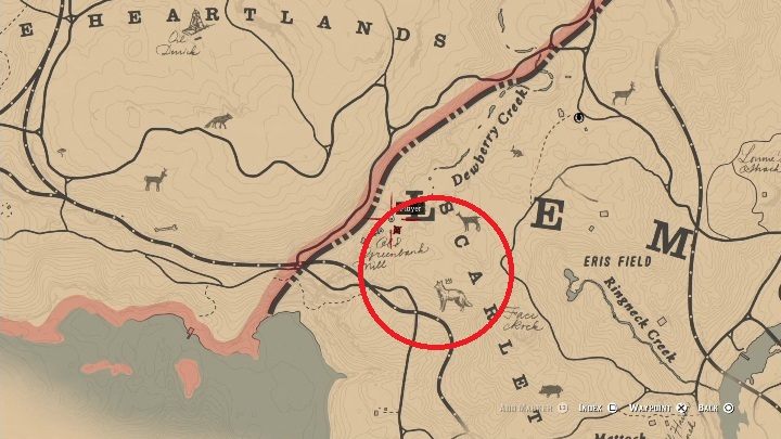Kojot będzie poruszał się po terenie zaznaczonym na screenie powyżej - Red Dead Redemption 2: Legendarny Kojot - mapy, porady - Red Dead Redemption 2 - poradnik do gry