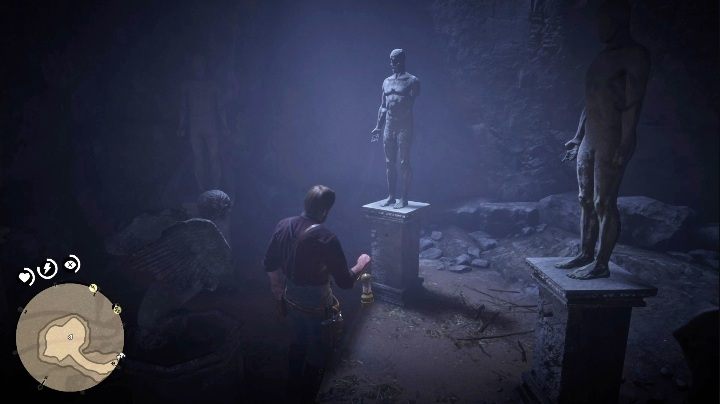 Aby rozwiązać tę zagadkę musisz przyjrzeć się ilości palców każdego z posągów - Red Dead Redemption 2: Sztabka złota - jak zdobyć, gdzie ją sprzedać? - Red Dead Redemption 2 - poradnik do gry
