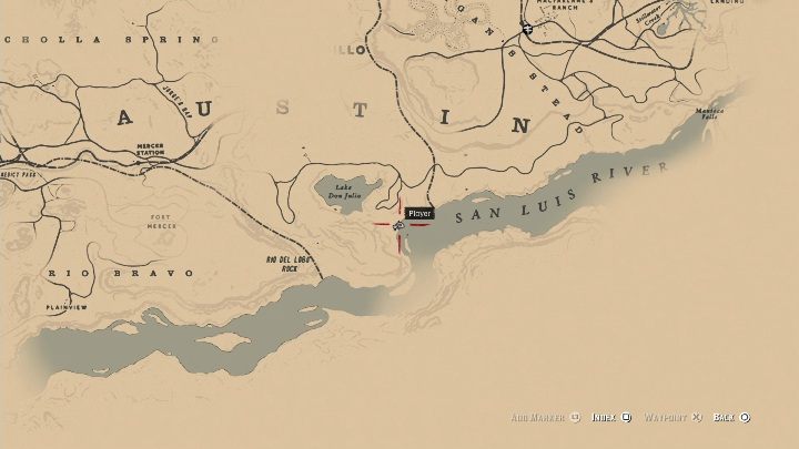 Ryba ta znajduje się w południowej części mapy, koło jeziora Lake Don Julio - Red Dead Redemption 2: Legendarny Bass wielkogębowy - mapy, porady - Red Dead Redemption 2 - poradnik do gry