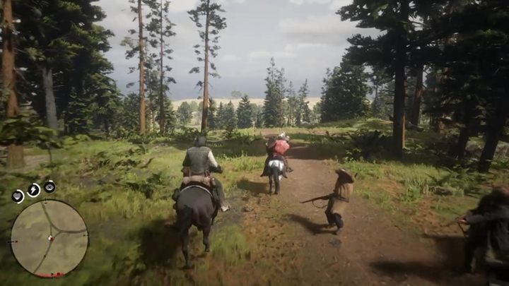 Gdy dotrzesz do koni, poczekaj, aż twoi towarzysze zakomunikują, że czas uciekać - wejdź wtedy na swojego wiernego wierzchowca i jedź za Charlesem - Red Dead Redemption 2: Zły dzień Wujka - Solucja - Red Dead Redemption 2 - poradnik do gry