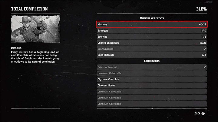 Misje - Musisz ukończyć wszystkie misje głównego wątku fabularnego, a więc te oznaczone żółtym kolorem - Red Dead Redemption 2: Ukończenie gry w 100% - jak to zrobić? - Red Dead Redemption 2 - poradnik do gry