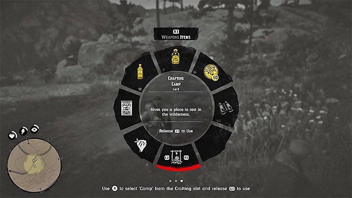 Otwórz rozwijane menu, przejdź do zakładki przedmiotów (Items) i wybierz z niej obozowisko (Crafting Camp) - Red Dead Redemption 2: Koniec i ucieczka przed urażonym ego - Solucja - Red Dead Redemption 2 - poradnik do gry