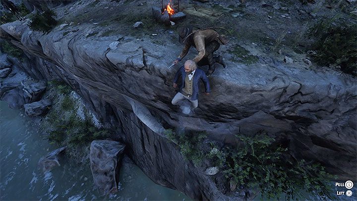 Po odzyskaniu kontroli nad bohaterem będziesz musiał postarać się uchronić Benedicta przed spadnięciem do wody - Red Dead Redemption 2: Prawdziwy olej z węża - Zadania ścigania zbiegów - Red Dead Redemption 2 - poradnik do gry