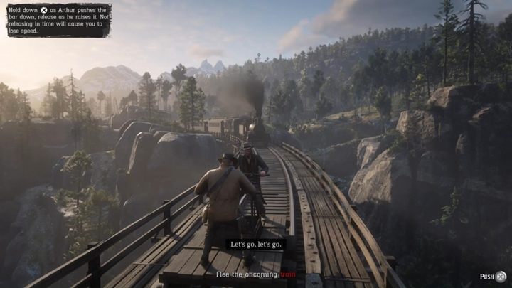 Szybko wsiądź do wózka i naciskaj X/A, by uciec przed pędzącym na was pociągiem - Red Dead Redemption 2: Most donikąd - Solucja - Red Dead Redemption 2 - poradnik do gry