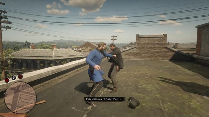 Po krótkim marszu, dotrzesz do budynku z torbą - zbliż się do niej, a zostaniesz zaatakowany przez członka gangu Odriscoll - Red Dead Redemption 2: Żegnaj, drogi przyjacielu - Solucja - Red Dead Redemption 2 - poradnik do gry