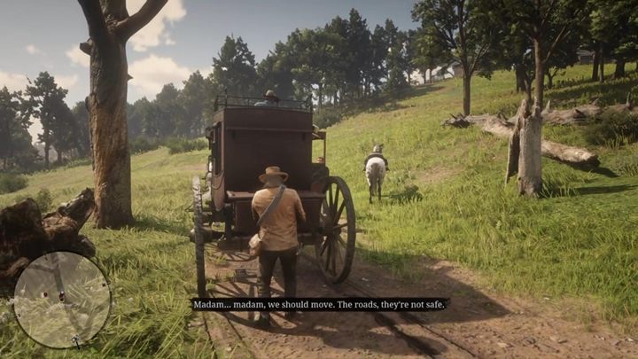 Dopiero wtedy, gdy strażnicy odejdą na boki, rozpocznij skradanie do wozu i skrzynki znajdującej się z tyłu - Red Dead Redemption 2: Przyjaciele z marginesu - Solucja - Red Dead Redemption 2 - poradnik do gry