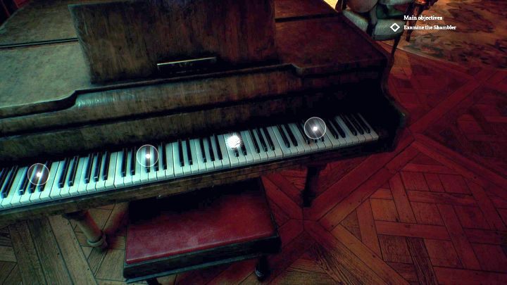 Zagadka z pianinem jest stosunkowo prosta - musisz wcisnąć klawisze w odpowiedniej kolejności: 3, 4, 2 a na koniec 1 przycisk. - Rozdział 6 - Posiadłość Hawkinsów i Sandersa | Solucja Call of Cthulhu - Call of Cthulhu - poradnik do gry