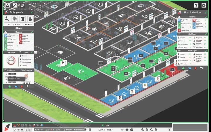 Gra informuje, co jest potrzebne do poprawnego działania oddziału (listy z lewej i prawej strony zdjęcia). - Project Hospital - poradnik do gry