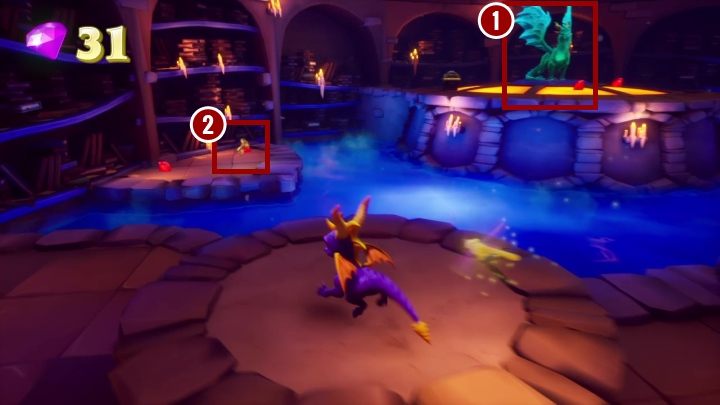 W samej bibliotece znajdziesz smoka [1], którego musisz uratować oraz klucz do skrzyni [2] - Dolina Nocy - Solucja Spyro the Dragon - Spyro Reignited Trilogy - poradnik do gry