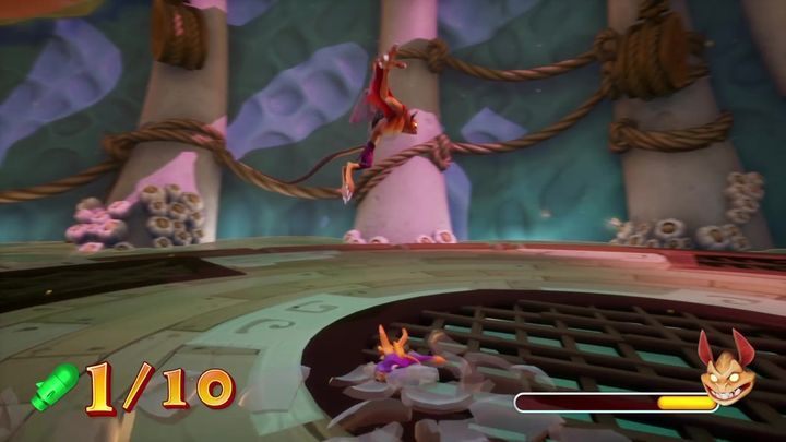 Na arenie będą pojawiać się specjalne typy amunicji, które mogą zadawać Skwarnikowi obrażenia - Różec i Skwarnik - Bossowie w Spyro: Year Of The Dragon - Spyro Reignited Trilogy - poradnik do gry