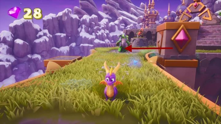 Idź dalej ścieżką trafisz na kolejną bestię oraz druida przesuwającego skałę - Śnieżne grzbiety - Solucja Spyro the Dragon - Spyro Reignited Trilogy - poradnik do gry