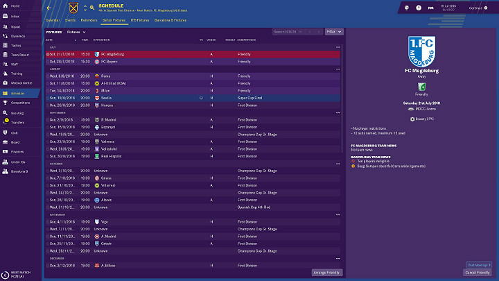 Pierwsze sparingi staraj się planować mniej więcej w 3 tygodniu przygotowania do sezonu - Przygotowanie do sezonu i trening ogólny w Football Manager 2019 - Football Manager 2019 - poradnik do gry