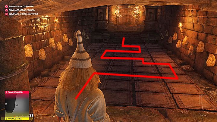 Przejdź do sali z płytami naciskowymi i koniecznie zapisz tu stan gry, bo można łatwo zginąć po wkroczeniu na złą płytę - Hitman 2: Santa Fortuna - wszystkie trofea, lista - Hitman 2 - poradnik do gry