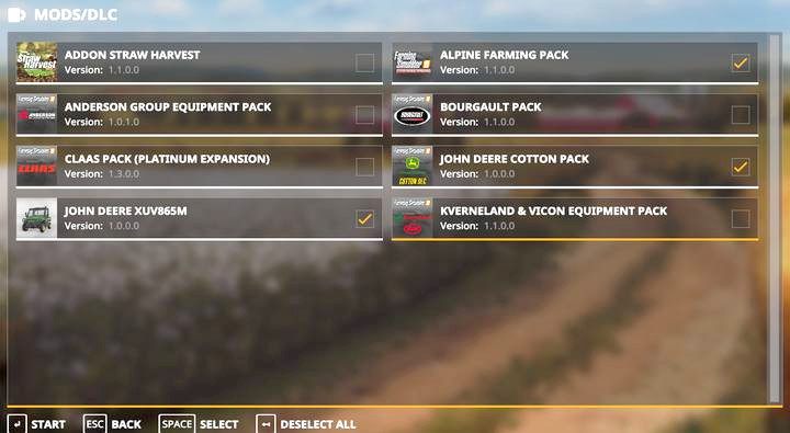 Po rozpoczęciu nowej gry, wybraniu mapy i postaci, wyświetli się ekran aktywacji pobranych i zainstalowanych modów / DLC - Farming Simulator 19: Podstawowe informacje o DLC - Farming Simulator 19 - poradnik do gry