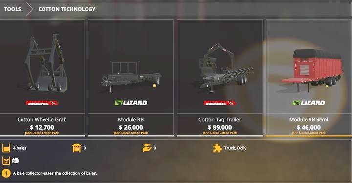 W zakładce poświęconej technologii bawełny, znajdziesz również maszyny do zbierania bel przygotowanych przez kombajn - Farming Simulator 19: John Deere Cotton DLC - Farming Simulator 19 - poradnik do gry