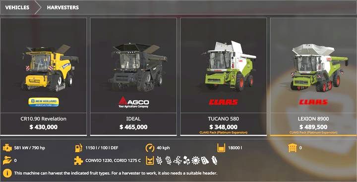 CLAAS TUCANO 580 - nowy kombajn marki CLAAS, nie wyróżniający się niczym specjalnym, o dość wysokiej cenie w porównaniu z konkurencją - Farming Simulator 19: Platinum Expansion (CLAAS Pack) - Farming Simulator 19 - poradnik do gry