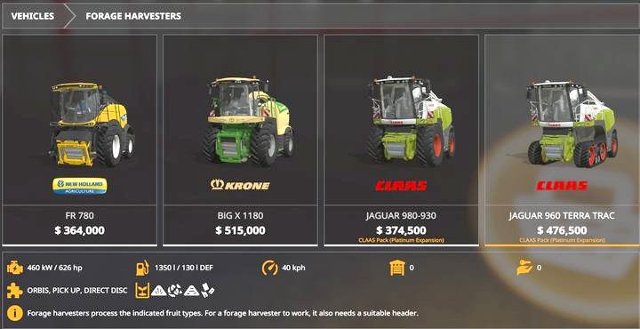W kategorii silosokombajnów znajdziemy dwie nowe maszyny CLAAS JAGUAR 980-930 i CLAAS 960 TERRA TRAC - Farming Simulator 19: Platinum Expansion (CLAAS Pack) - Farming Simulator 19 - poradnik do gry