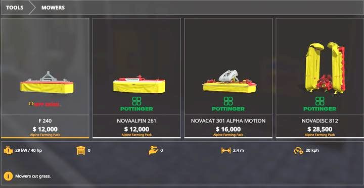 Pozostałe kosiarki to niemal bliźniacze modele do standardowych Pottingerów - Farming Simulator 19: Alpine Farming Expansion - Farming Simulator 19 - poradnik do gry