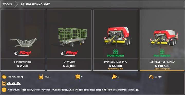 Na koniec, otrzymujemy także dwie prasy do beli, z czego droższa wersja posiada wbudowaną owijarkę - Farming Simulator 19: Alpine Farming Expansion - Farming Simulator 19 - poradnik do gry