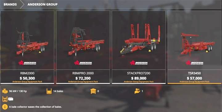 W DLC otrzymacie także cztery przyczepy do ładowania i transportu bel: Anderson RBM2000 RBMPRO2000, TSR3450, STACKPRO7200 - Farming Simulator 19: Anderson Group Equipment Pack - Farming Simulator 19 - poradnik do gry