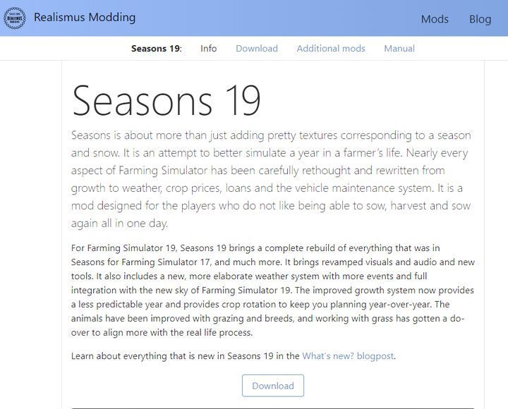 Klikając na przycisk Download w dolnej części strony pobierzemy spakowany plik ważący tylko ~55mb - Farming Simulator 19: Seasons 19 - podstawy - Farming Simulator 19 - poradnik do gry