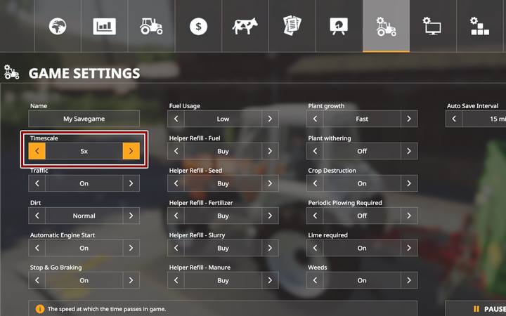 W opcjach możesz zmienić przyspieszenie czasu: przy maksymalnym przyspieszeniu 120x doba w grze trwa 12 minut - Farming Simulator 19: Kontrola czasu i sen - Farming Simulator 19 - poradnik do gry