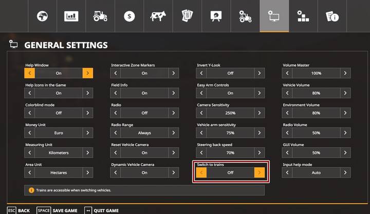 Z poziomu opcji w menu gry możesz zadecydować, czy chcesz przełączać się na pociąg podczas przełączania się między pojazdami (jeśli w danej chwili nie masz potrzeby korzystania z pociągu, nie zajmuje on miejsca w zestawieniu pojazdów) - Farming Simulator 19: Pociągi - Farming Simulator 19 - poradnik do gry