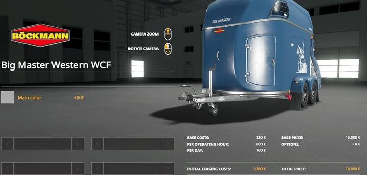 Później kup konie, stając przed zagrodą lub przetransportowując je ze sklepu w przyczepie do przewozu koni (Bockmann Big Master Western WCF - mieści ona 2 sztuki zwierząt) - Farming Simulator 19: Konie - hodowla - Farming Simulator 19 - poradnik do gry