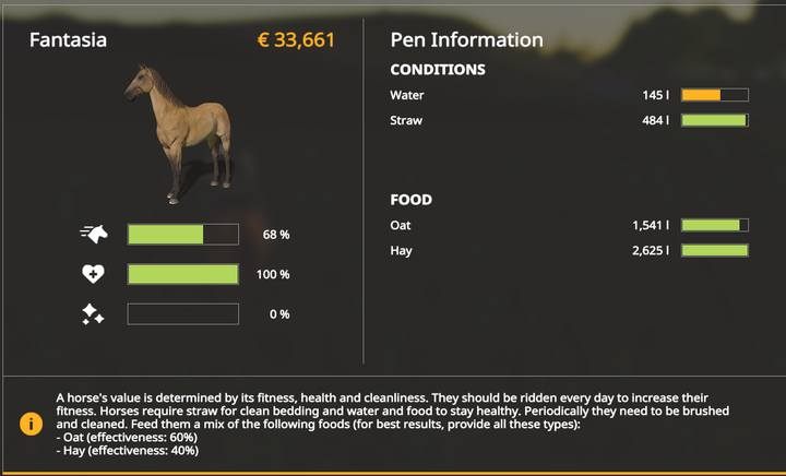 Pod obrazkiem konia dostrzeżesz trzy paski odpowiadające za: kondycję konia, zdrowie (zależne od żywności), oraz czystość (czyszczenie ręczne oraz słoma). - Farming Simulator 19: Konie - hodowla - Farming Simulator 19 - poradnik do gry