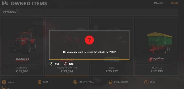 Aby naprawić pojazdy i maszyny, wystarczy z panelu zarządzania wybrać narzędzie, które chcesz naprawić i zrobić to zdalnie - Farming Simulator 19: Pojazdy, maszyny - jak naprawiać? - Farming Simulator 19 - poradnik do gry