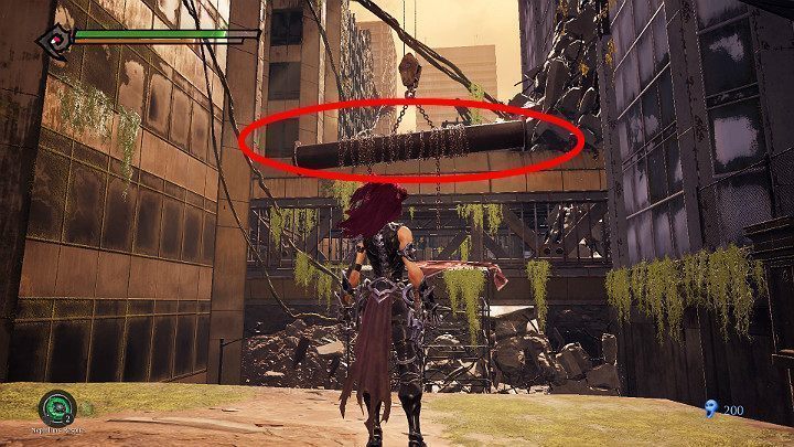 Po pokonaniu kilku pierwszych przeciwników będziesz musiał wdrapać się na półkę skalną, a następnie wyskoczyć i przy użyciu przycisku odpowiedzialnego za atak, złapać się widocznej na obrazku rury i przeskoczyć do tunelu - Zachodni kraniec | Solucja do gry Darksiders 3 - Darksiders 3 - poradnik do gry