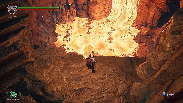 Po rozprawieniu się z łucznikiem zeskocz w dół i przejdź przez widoczny na powyższym obrazku wodospad - Esencje | Solucja do gry Darksiders 3 - Darksiders 3 - poradnik do gry