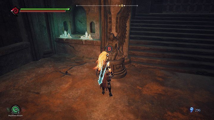 Wyjdź z komnaty i podejdź do posągu bez miecza, a następnie użyj przycisku odpowiedzialnego za wykonywanie akcji - Esencje cz. 2 - Katakumby | Solucja do gry Darksiders 3 - Darksiders 3 - poradnik do gry