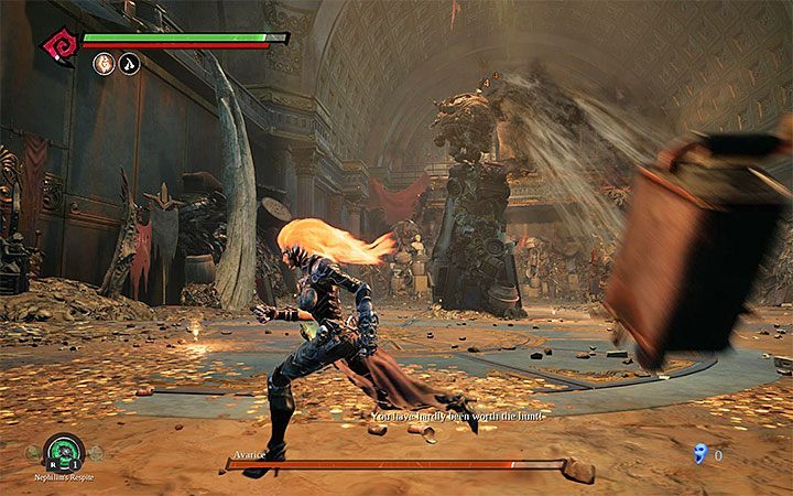 Chciwość wykorzystuje przedmioty ze złomowiska, jak pociski i rzuca nimi co pewien czas - Boss - Chciwość | Solucja do gry Darksiders 3 - Darksiders 3 - poradnik do gry