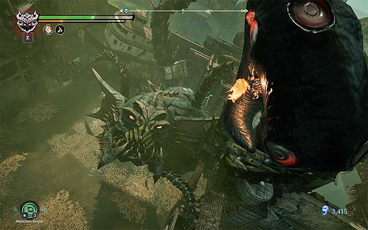 Furia złapana zostanie przez Krakena i po tym wylądujesz w płytkiej wodzie rozpocznie się walka z tym potworem - Zniszczona droga - Darksiders 3 - poradnik do gry