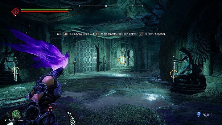 Ustaw się w miejscu w którym będziesz mieć dostęp do wszystkich przedmiotów zaznaczonych na powyższym obrazku - Zapomniane jezioro | Solucja do gry Darksiders 3 - Darksiders 3 - poradnik do gry